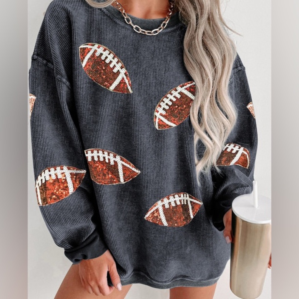 Women's Grey Corded Crew Sequin Football Patch Sweatshirt